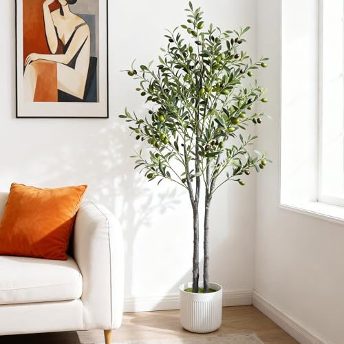 5FT Artificial Olive Tree, 150cm Tall Faux Olive Plants with White Pot, Artificial Fake Plants with Lifelike Leaves, Natural Wood Trunk, Fruits, Perfect for Modern Home Office Living Room Floor Decor