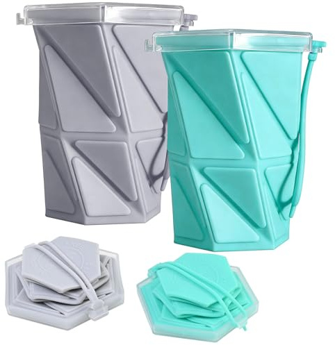 Solvio 2 Pack Collapsible Cup with Lids, for Outdoor Hiking, Picnic | BPA Free Silicone Foldable Travel Mug, 260ml Reusable Portable Camping Cup Set for Office and Hot Drinks (Blue and Grey)