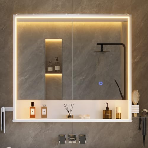mojiasion Specchio Bagno Contenitore 80Lx78Hx18P cm – Luce LED 3 Lati, Touch con 3 Luci & Prese + USB, Porta Asciugacapelli e Asciugamani, Mobile Bagno con Specchio a Due Ante – Soft-Close
