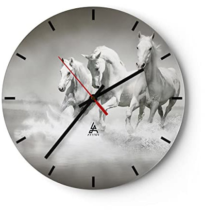 Modern Wanduhr Bauernhof Pferde galopp Freiheit 30x30cm Rund Klein Wand Uhr Glas Analog Zimmeruhren Küche Büro Wohnzimmer Glasuhr Wall Clock Dekoration Design Wanddekoration Küchenuhr C3AR30x30-2389