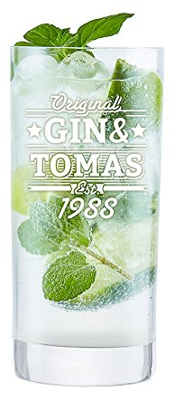 AMAVEL Longdrinkglas mit Gravur, Original Gin und, Personalisiert mit Namen und Jahreszahl, Cocktailglas