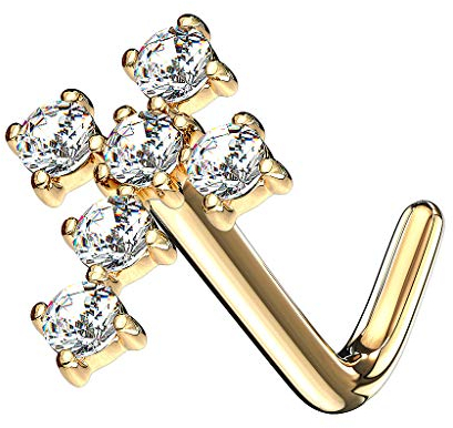 Piercingfaktor 14 Karat Gold Piercing Stab Barbell Nase Nasenpiercing Nasenstecker Tragus Helix Ohr gebogen Kreuz mit Strass Kristall Gelbgold
