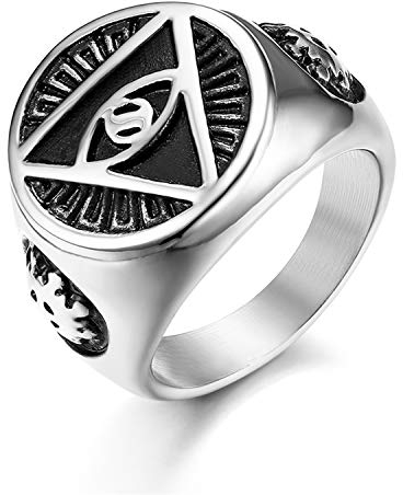 JewelryWe Schmuck Retro Herren-Ring Edelstahl Illuminati Auge der Vorsehung All-Seeing Eye The Eye of Providence Pyramide Ring Siegelring Band Bandring mit Gravur Silber Größe 65
