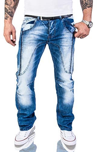 Rock Creek Herren Designer Jeans Hose Dicke Nähte Vintage Herrenjeans Stonewashed Comfort Fit Used Look gerades Bein RC-2011 Blau W34 L30