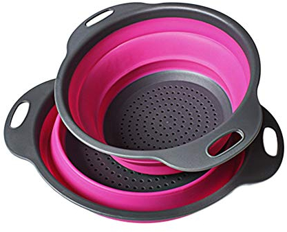 2pcs Foldable Vegetable Fruit Filter Baskets Collapsible Colander Kitchen Strainer Washing Bowl (Pink)