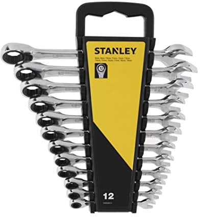 STANLEY Clés Mixtes à Cliquet - Forgées En Acier Chromé - Œil Plat - 72 Dents - 5° De Reprise- Manche Ergonomique pour un Serrage Puissant - Support de Rangement - 12 Pièces STMT82847-0