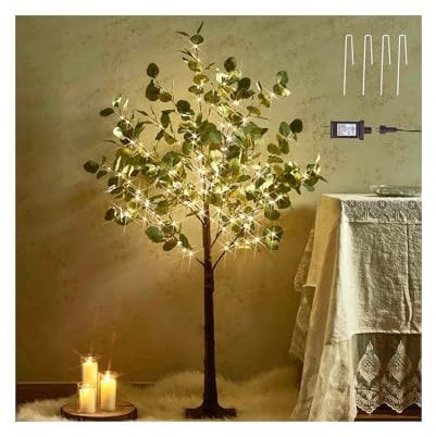 Hairui Lighted Eucalyptus Tree Plug in 4FT 160 Warm White LED Artificial Greenery Tree with Lights for Wedding Halloween Christmas Holiday Home Party Decoration