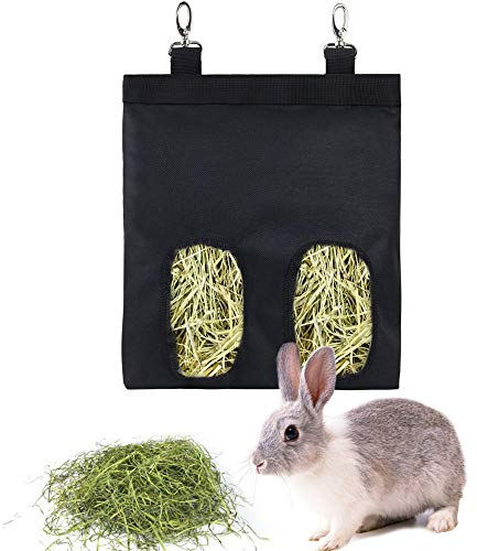 Kaninchen Heutasche Meerschweinchen Futterstation Futterspender Kleintiere Heutasche Futtersack für Hase Chinchilla Hamster Kleine Tiere (2 Fenster, Schwarz)
