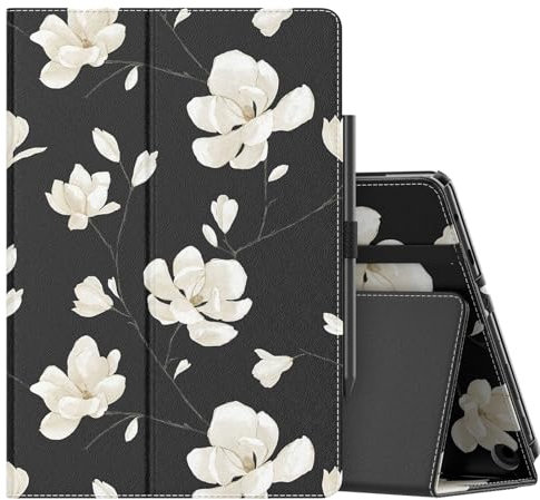 MoKo Case Fits All-New Amazon Kindle Fire HD 10 & 10 Plus Tablet (13th/11th Generation, 2023/2021 Release) 10.1 - Slim Folding Stand Cover with Auto Wake/Sleep, Black & White Magnolia