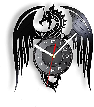 Smotly Vinyl Wanduhr, Mythical Beast Flying Dragon Theme Silent Wall Clock with LED Night Light Funktion is a unique wall clock gift with home pattern (Without light)