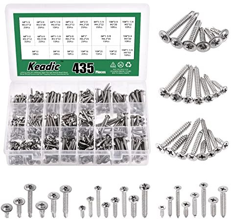 Keadic 325 Pcs 304 Stainless Steel #6#8#10 Self Tapping Screws Assortment Set Contains Round Head & Cross Flat Head & Wafer Head Self Drilling Screw Sheet Metal Screws