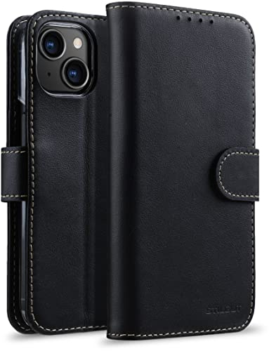 STILGUT Talis kompatibel mit iPhone 14 (6.1“) Hülle mit Kartenfach aus Leder, Flip Cover, Wallet Case, Handyhülle mit Fächern & Standfunktion - Schwarz Nappa