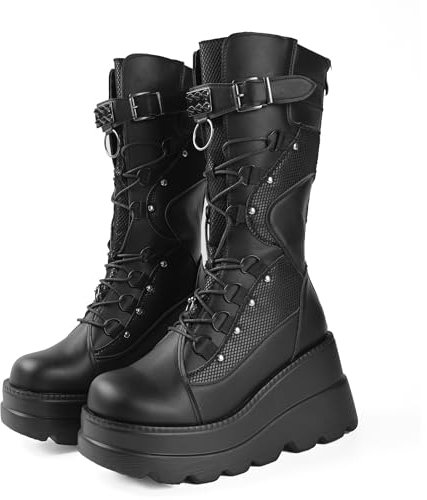 Gothniero Bottes gothiques mi-mollet à lacets avec boucles, style gothique, punk, gothique, gothique, à talon épais, pour femme, noir 2, 40 EU