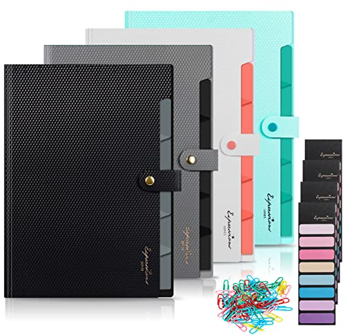 Fächermappe A4, 4Pcs Gittermuster Dokumenten-Organizer mit Etiketten, 5 Fächer Unterlage-Ordner, Erweiterbar Tragbar Dokumentenmappe (Schwarz Grau Weiß Grün)