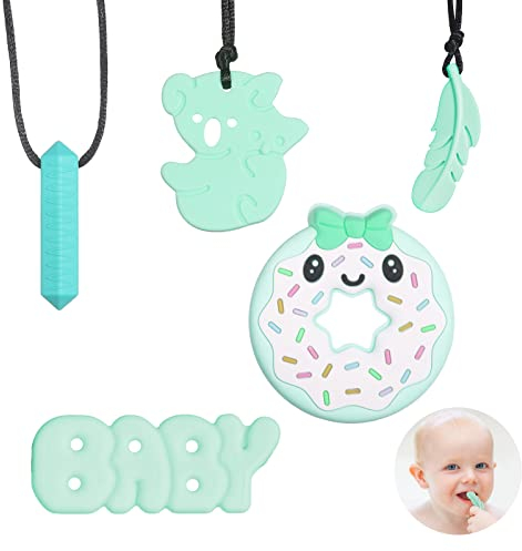 5 Stück Beißring Baby, Sensory Kauen Halskette für Kinder, Lebensmittelqualität Silikon Kauspielzeug, Beißspielzeug Baby, Zur Linderung des Drucks beim Zahnen für Baby(Blau)