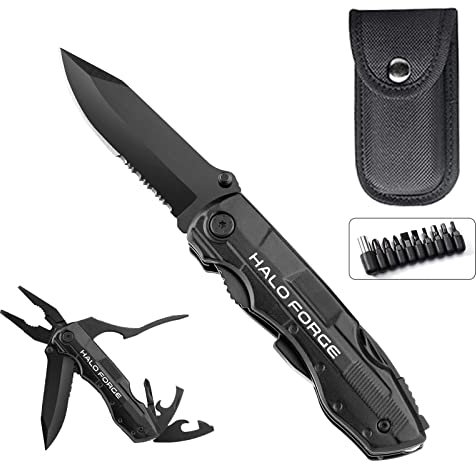 HALO FORGE Coltello Multiuso, 10 in 1 Tascabile Multifunzione in Acciaio Inossidabile con Fodero Cintura in Nylon, Strumento, Pinza, Campeggio, Sopravvivenza all'aperto