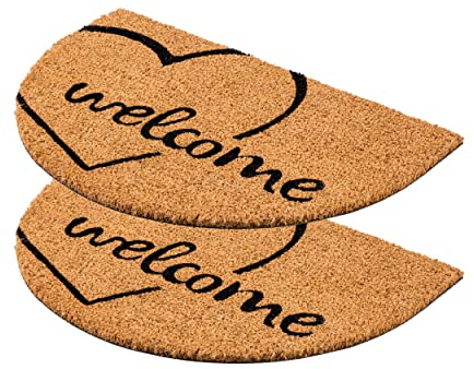 Eingangsmatte Kokos Türmatte - Welcome Herz 2er Set 40 x 60 cm (Halbkreis) | Rutschfeste Motiv Fußmatte 100% Kokosfaser Fussmatte natürliches Material für Innenbereich & überdachten Außenbereich robust
