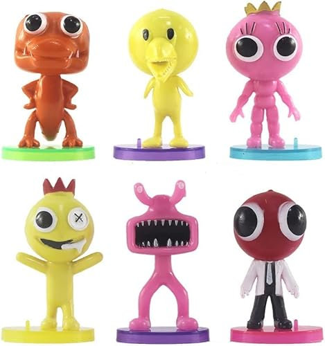 iFii Rainbow Friends Figuren, Mini Rainbow Friends Figuren Set, Kleine Regenbogen Freunde PVC Kuchenaufsätze für Fans (mit Basis, 6 Stück)