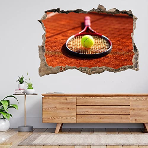 Wandsticker Tennisball Und Schläger Auf Dem Platz 3D Zertrümmerte Ansicht Wandaufkleber Poster Aufkleber 55x80cm