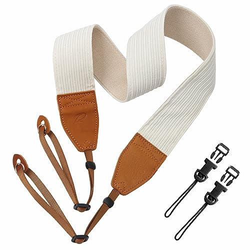 Padwa Lifestyle White Corduroy Camera Strap - 2 Double Layer Full Grain Cowhide Leather Head Camera Straps for Photographers, Unique Soft Corduroy Fabric with Quick Release fits all Cameras