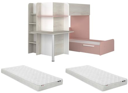 Vente-unique Einzelverkauf, Etagenbett, Eck-Etagenbett, 2 x 90 x 190 cm, mit Schreibtisch, Grau, Weiß und Rosa + Matratze, Samuel