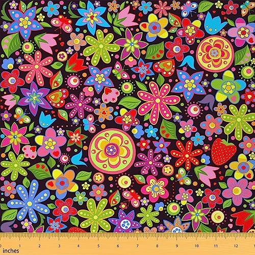 70er Jahre Groovy Hippie Retro Blume Stoff von The Yard,Bohemian Style Stoff,Aquarell Floral Leaves wasserdichtes Gewebe,92x150
