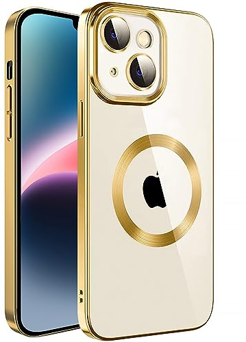 S. Dawezo Klare Magnetische Hülle für iPhone 14, kompatibel mit MagSafe Kabelloses Laden, Militärnorm Schutz, Kratzfest, Stoßfest, Schlanke Transparente Silikonhülle für iPhone 14 Hülle, Gold