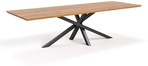 Danzz Slant ausziehbarer Esstisch 160x90 cm mit 50 cm Verlängerungen, Tisch aus massiver Eiche, handgefertigtes Eichenholz, Massivholz, Stern- Fuß Metallgestell, Esstisch in Naturfarbe