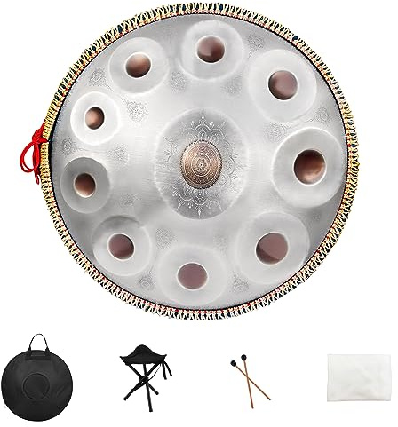 Handpan Drum,22inch 10 Sounds D Minor Silver Print 432hz Handpan,Adult's Steel Hand Pan Instrument,Sounds Clean Clear Ethereal