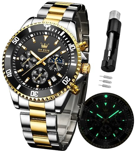 OLEVS Herren Armbanduhr Wasserdicht Designer Luxus Formell Leuchtende Datum Mondphase Edelstahl Armbanduhr Quarzuhr Männer Geschenke, Silber und Schwarz, Luxuriös