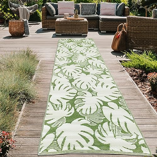 Teppich-Traum Outdoor-Teppich Plastik Kunststoff wetterfest pflegeleicht Wohnmobil Camping Picknick Strand Balkonteppich Läufer lang Tropische Palmen-Blätter grün weiß 90 x 300 cm