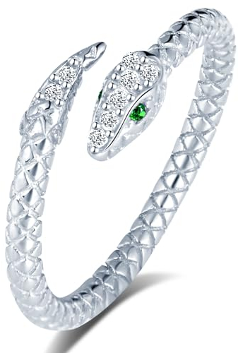 MICGIGI Damen Ring 925er Sterling Silber Offener Ring Retro Zirkonia Schlangen Gestaltung Verstellbarer Ring Finger Ring(Silber)
