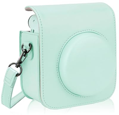 Qooloo PU Leder Tasche Schutzhülle für Fujifilm Instax Mini 12/Mini 11 Sofortbildkamera Reisetasche mit Film Tasche und Verstellbarem Schultergurt (Mint Green, Nur Tasche)