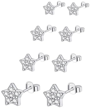 Epoch World 4 Paare 925 Sterling Silber Ohrringe - Damen & Mädchen Stern Ohstecker in 3, 4, 5, 6mm Zirkonia
