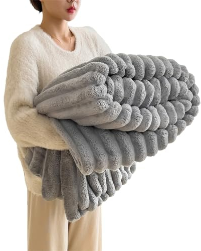 Baketron Kuscheldecke Kaninchen Plüsch Decke， Kunstpelz Fleece Decke，Flauschig Weich Dicke Kaninchen Decke für Bett Sofa Couch Schlafzimmer lässig Decke Tagesdecke Decke （Silber Grau 180x200cm）