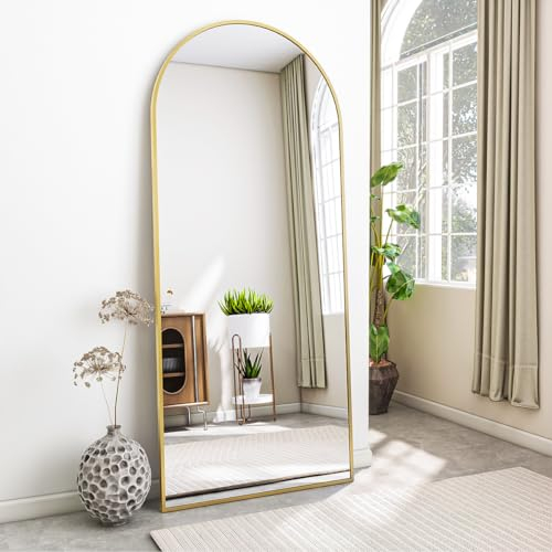 Koonmi Miroir sur pied avec dessus bombé, 165 x 60 cm, miroir arqué, avec verre robuste, miroir complet monté au mur, appuyé ou placement libre avec pince, doré