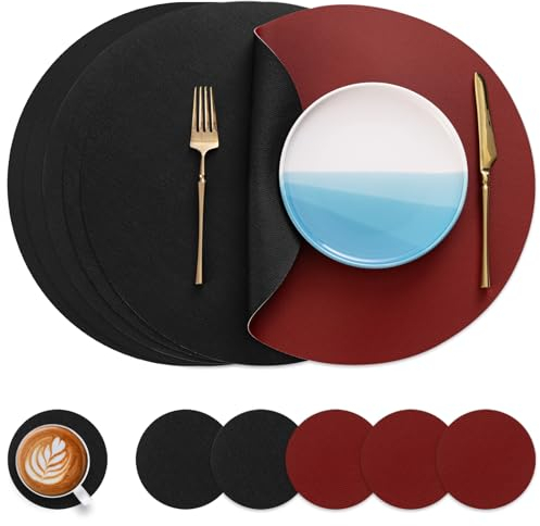 Myir JUN Set de Table Lot de 6 - 38cm Cuir et Dessous de Verre Double Face Lavable Imperméable Rond Plastique (Rouge & Noir)