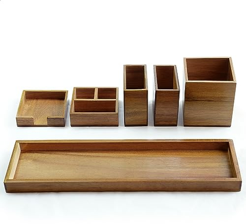 ROCDEER Holz Schminktablett, 6-teiliges kleines Badezimmer-Thekenorganisationsset aus Holz, dekorative rechteckige Tabletts für Parfüm,Jewelry Makeup Cosmetic Holder Set - Holds Small Items