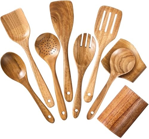 Riveira 9 Pieces Teak Wooden Spoons For Cooking – Premium & Durable Organic Teak Wooden Cooking Utensils – Non Stick Wooden Spatula For Cooking – Non Toxic Utensil Set With Holder & Spoon Rest
