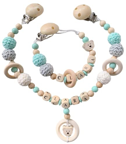 2er Set Individuell gestaltetes Babygeschenk personalisiertes baby geschenk mit Namen für Mädchen oder Junge Baby Geschenk personalisiert zur Geburt & Taufe (2er Set Bär Mint)