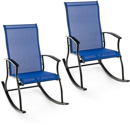 KOMFOTTEU 2er Set Schaukelstühle aus Netzstoff, Gartenstühle mit hoher Rückenlehne & Armlehnen, Balkonstühle bis 150 kg, Terassenstühle für Garten, Pool, Blau