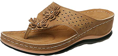 YUE Orthopädische Sandalen Für Damen Retro Sommer Leichte Rutschfest Sandals Sommer Sandalen Sommerschuhe Frauen Bequeme Sandaletten Plateau Freizeit Strandschuhe (Khaki, 39)
