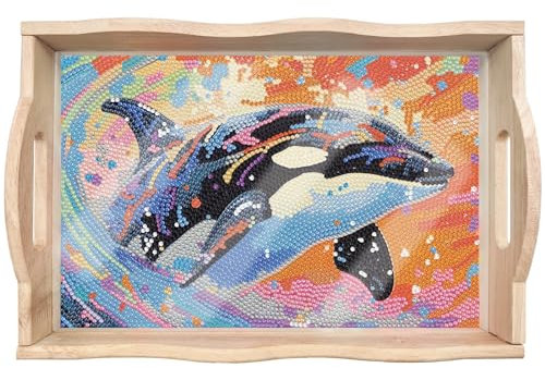 CXINLky DIY Diamond Painting Serviertablett, Diamond Painting Holztablett, Frühstückstablett Serviertablett mit Griffen, Diamant Malerei serviertablett Küchentablett-04-Orca