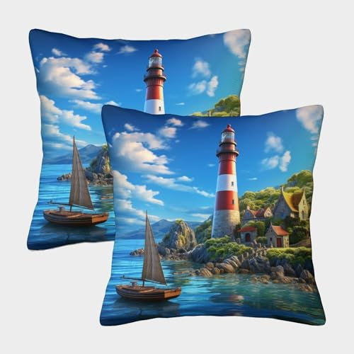 Leuchtturm Bunt Gedruckt Bequemes Kissen Throw Kissenbezug Für Couch Wohnzimmer Art Deco Modern Geschenk Wurf 40x40cm,Packung Mit 2