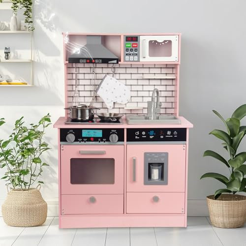 Holz Spiel Küche Set für Kinder Kleinkinder, Spielzeug Küche Geschenk für Jungen Mädchen, Alter 3+, Größe: 81x48x28cm (Rosa)