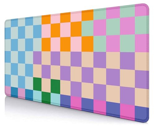 SXCKANG Tapis de bureau à carreaux colorés, rétro violet, rose, bleu, vert, XXL, grand tapis de souris esthétique, pour bureau, base en caoutchouc, tapis de souris avec bords cousus, 90 x 40 cm