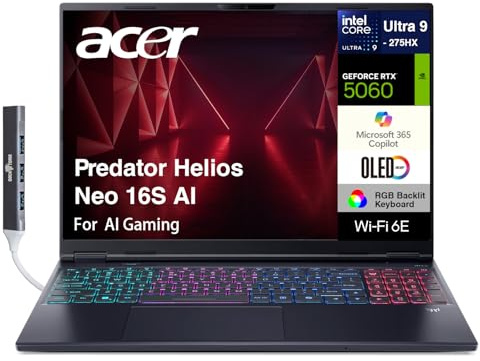 acer Predator Helios Neo 16S AI Gaming Laptop 16.0 240Hz OLED WQXGA (Intel Ultra 9-275HX, GeForce RTX 5060 8GB, 32GB DDR5, 2TB PCIe SSD, Thunderbolt 4, Copilot, Win 11 Home) w/Dockztorm Hub