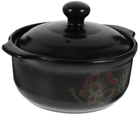 LALADEFIEE Olla De Barro Cerámica Resistente Altas Temperaturas Para Guisos y Sopas Con Tapa Negra Para Cocina De Inducción y Hogar Olla Para Estofado y Pollo