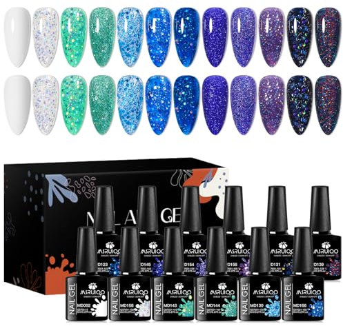 MSRUIOO Gel Nagellack UV Reflective Glitzer Nagellack Set 12 Farben Ozeanblauer Grün Lila Gel Lack Soak Off LED/UV Nagel Nail Art für Frauen Mädchen