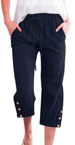 Voqeen Mujer Pantalones Verano de Algodón Frescos Pantalón Cintura Alta Elástico con Bolsillos Casual 3/4 Pantalones Anchos con Cordón Ligeros y Cómodos